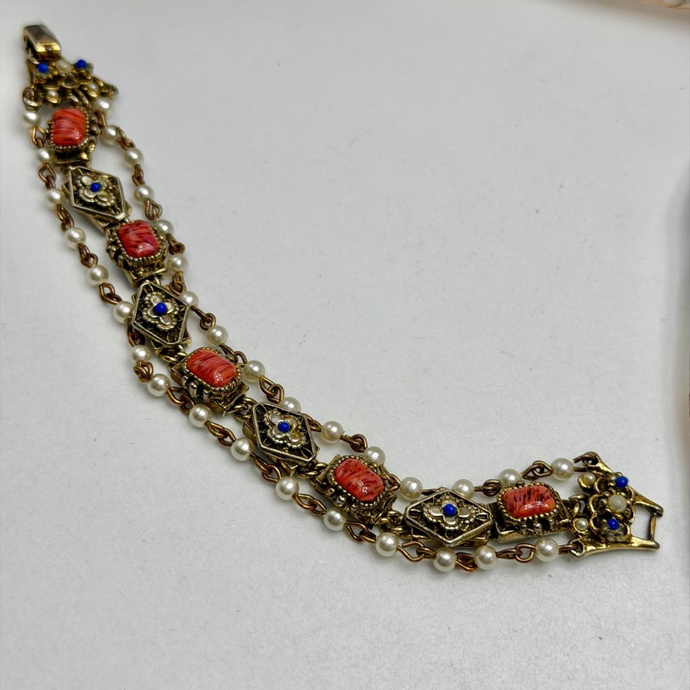 Vintage Art Glass Red Bracelet with Blue Accents Chain Style #462BR